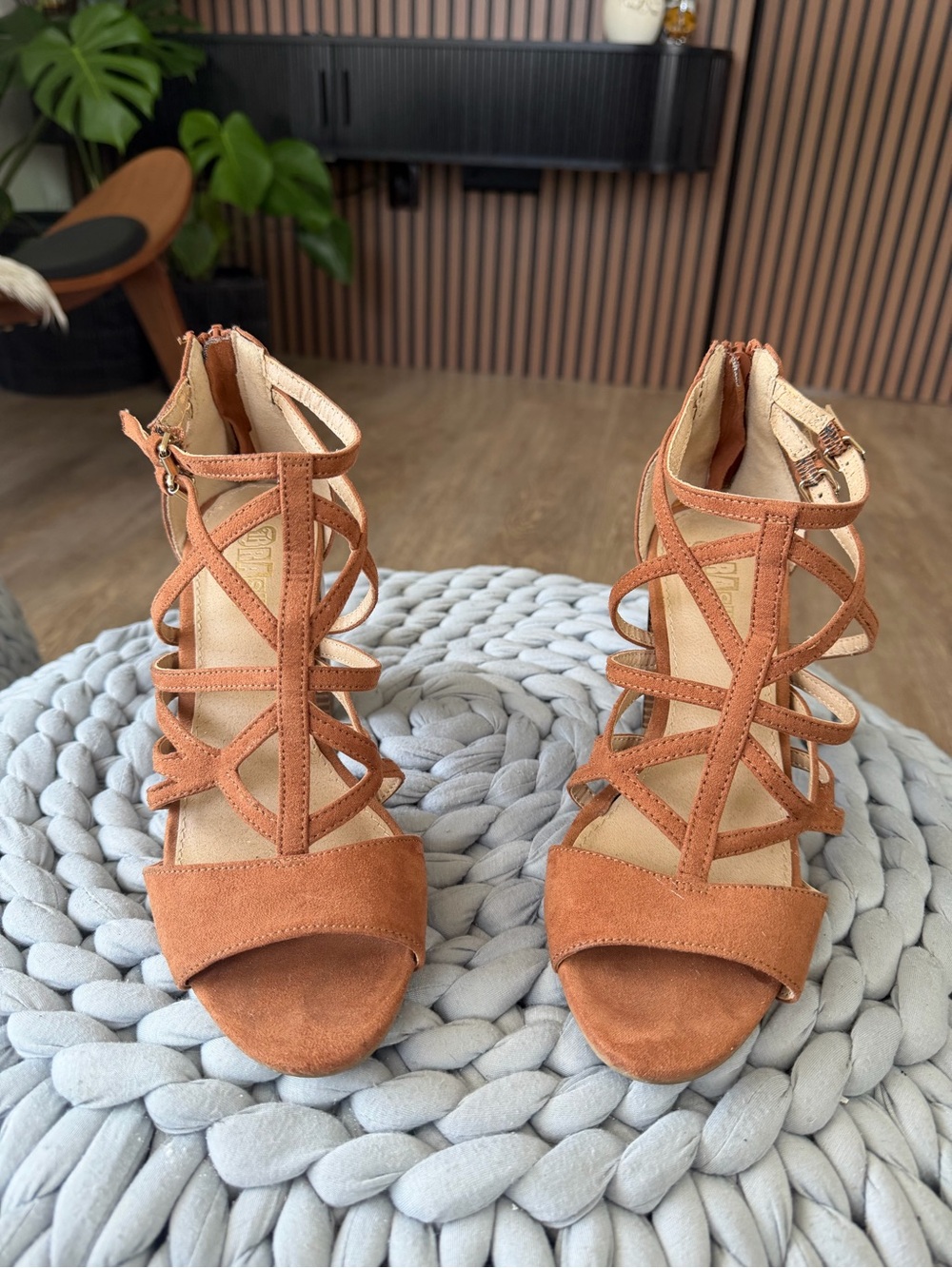 Brash Strappy Suede High Heel Sandals in Rust